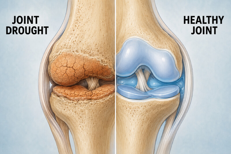 Medical illustration comparing a dry, cracked 'Joint Drought' knee joint versus a healthy joint with protective blue lubricating fluid